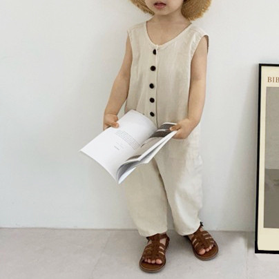 Korean Style Boys’ Summer Fashion Girls Korean Style Cute Little Button Jumpsuit Casual Pants