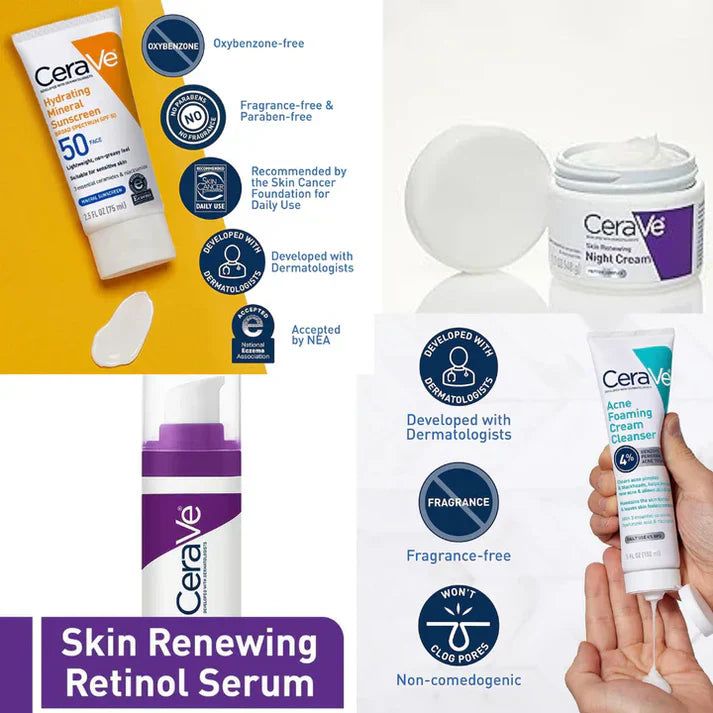 cerave complete skincare combo kit – sunscreen spf 50, acne cleanser, retinol serum & night cream cerave complete skincare combo kit – sunscreen spf 50, acne cleanser, retinol serum & night cream