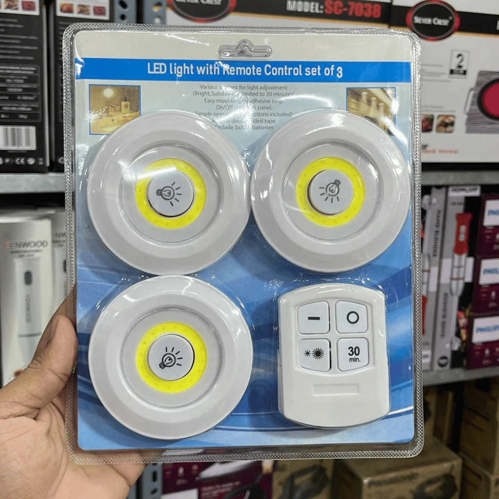 pack of 3 led remote control lights | tap light for cabinet wardrobe room kitchen & office use | self adhesive lights with remote (cell operated) pack of 3 led remote control lights | tap light for cabinet wardrobe room kitchen & office use | self adhesive lights with remote (cell operated)