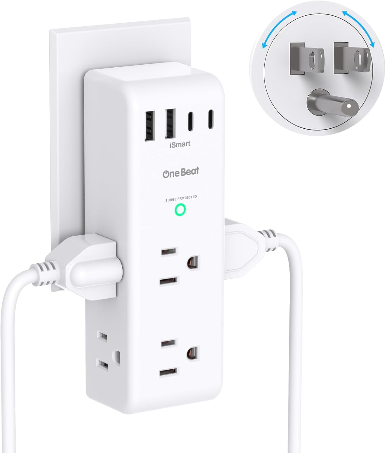 Surge Protector Outlet Extender – with Rotating Plug, 6 AC Multi Plug Outlet with 4 USB Ports (2 USB C), 1800J Wall Charger, 3-Sided Power Strip with Spaced Outlet Splitter for Home, Office, Travel