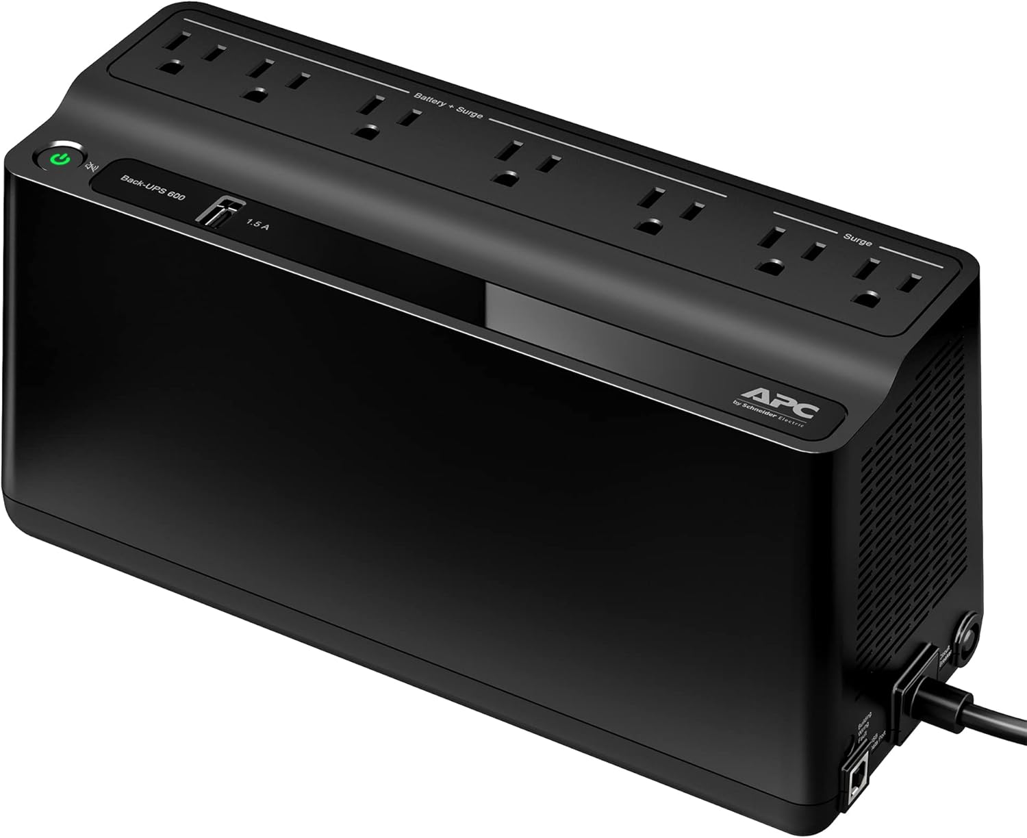 APC UPS 600VA Battery Backup for Power Outages – 330W Surge Protector, 7 Outlets, USB Charging Port, BE600M1