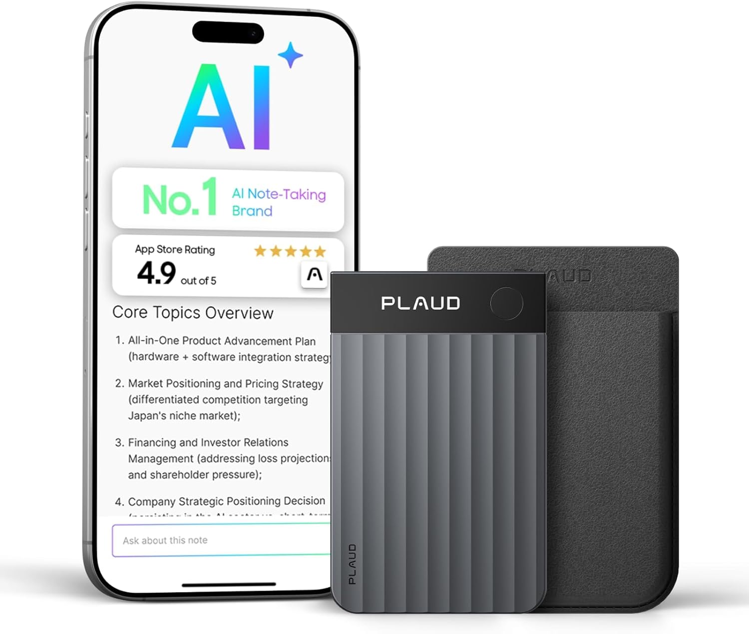 Plaud Note Pro AI Voice Recorder, Transcribe & Summarize with AI, App Control, Note Taker for Meetings & Calls, Supports 112 Languages, Ultra-Slim w/InstantView Display, Case Included, Black