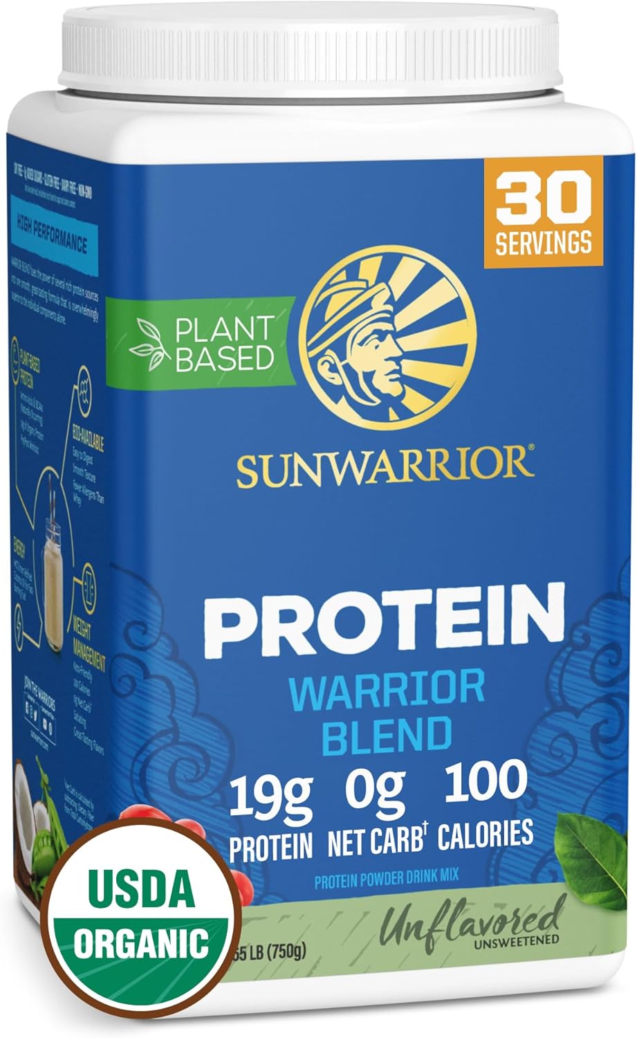 Vegan Organic Protein Powder Plant-based | BCAA Amino Acids Hemp Seed Soy Free Dairy Free Gluten Free Synthetic Free NON-GMO | Unflavored 30 Servings | Warrior Blend by Sunwarrior