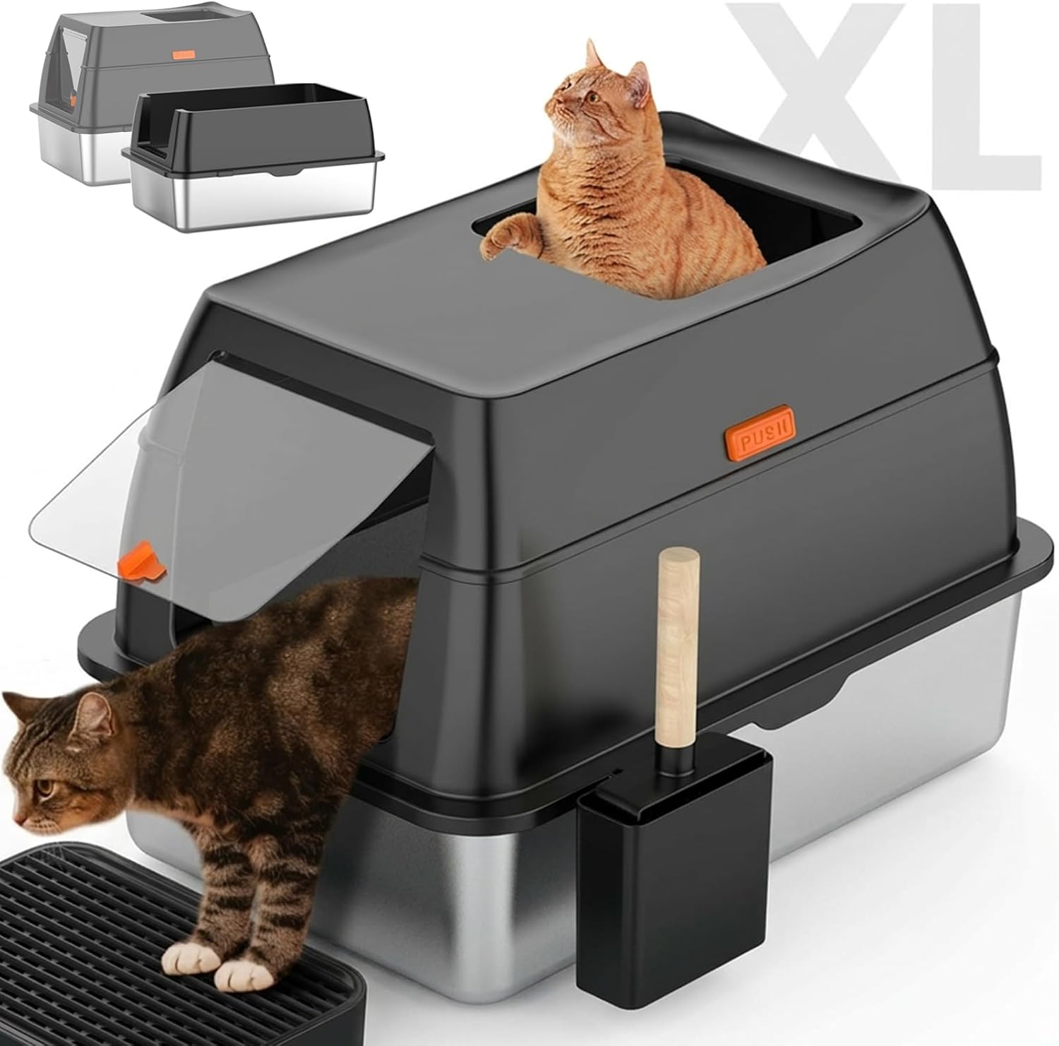 Stainless Steel Litter Box with Lid,Front Entry Top Exit Kitty LitterBox,Extra Large Enclosed Metal Cat Box with Litter Scoop & Litter Mat-Black