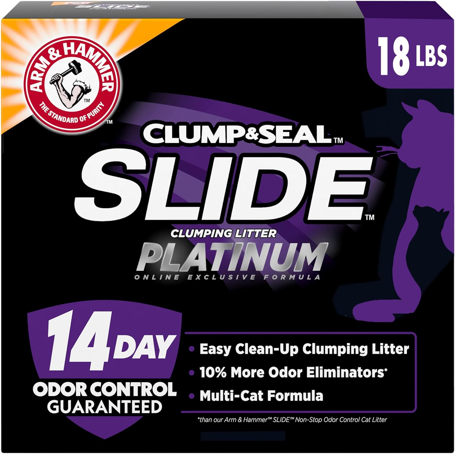 ARM & HAMMER Clump & Seal SLIDE Platinum Multi-Cat Clumping Cat Litter, Easy Clean Technology with No Scrubbing, 14-Day Odor Control, 18 lbs