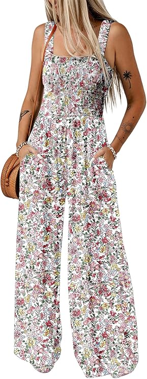 Dokotoo Women’s Casual Loose Overalls Jumpsuits One Piece Sleeveless Printed Wide Leg Long Pant Rompers With Pockets