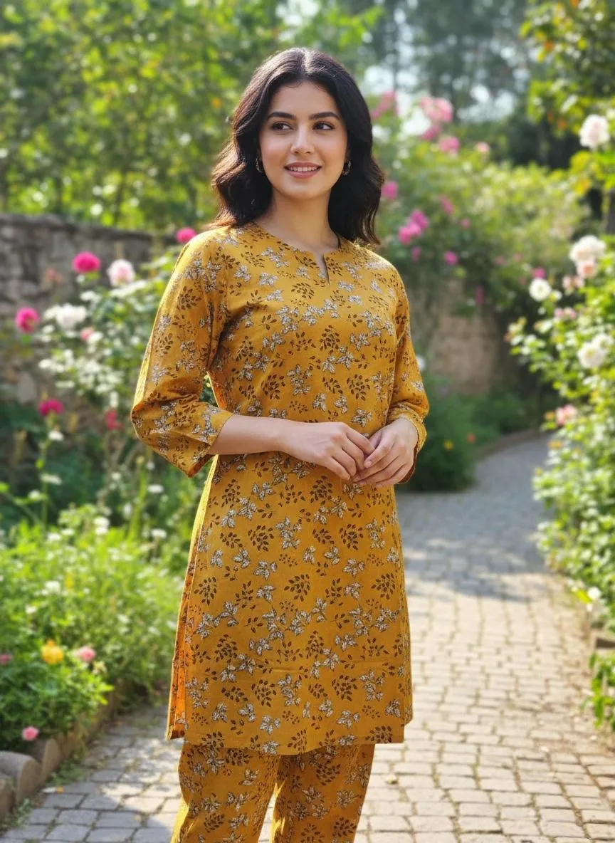 Mustard Printed Linen 2-Piece Suit for Women