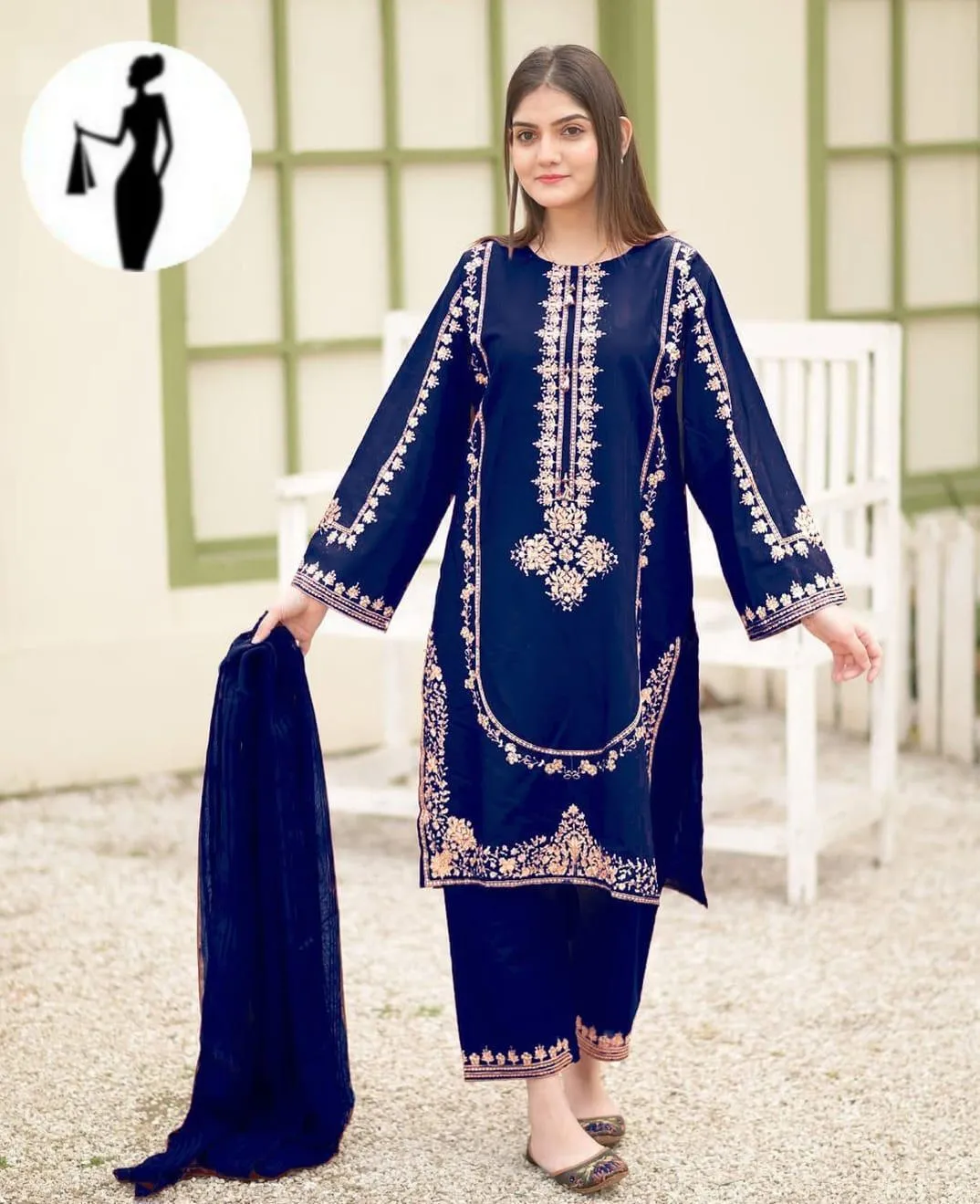 Blue Round Sequence Embroidered 3Pcs Suit
