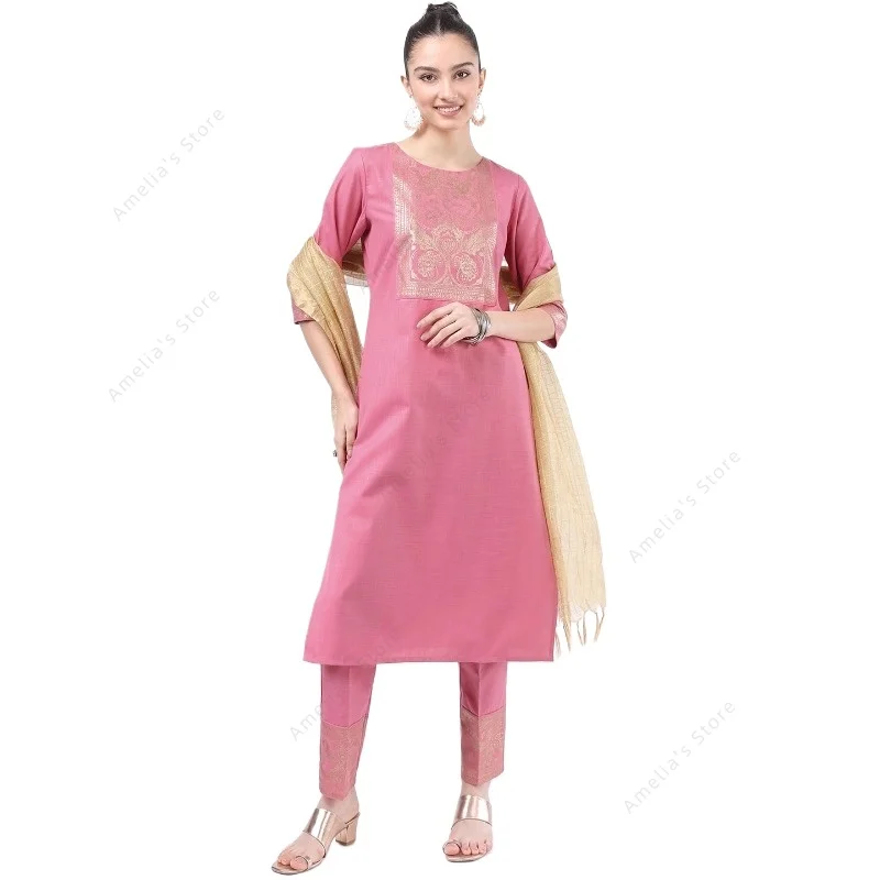 Indian/Pakistani Women’s Pink Kurta 3-Piece Set Ethnic Outfit Salwar Kameez Suit Cotton Blend Tunic Pants with Dupatta