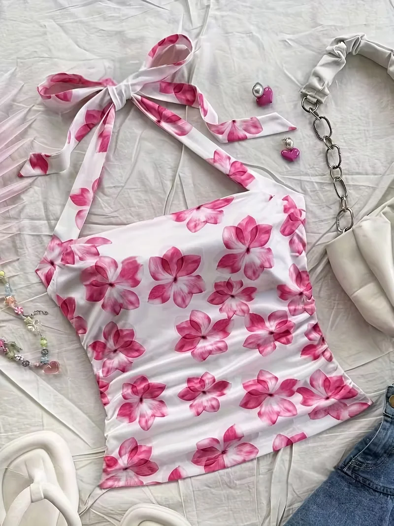 Women’s summer short top, pink floral camisole vest, suitable for vacation style girls