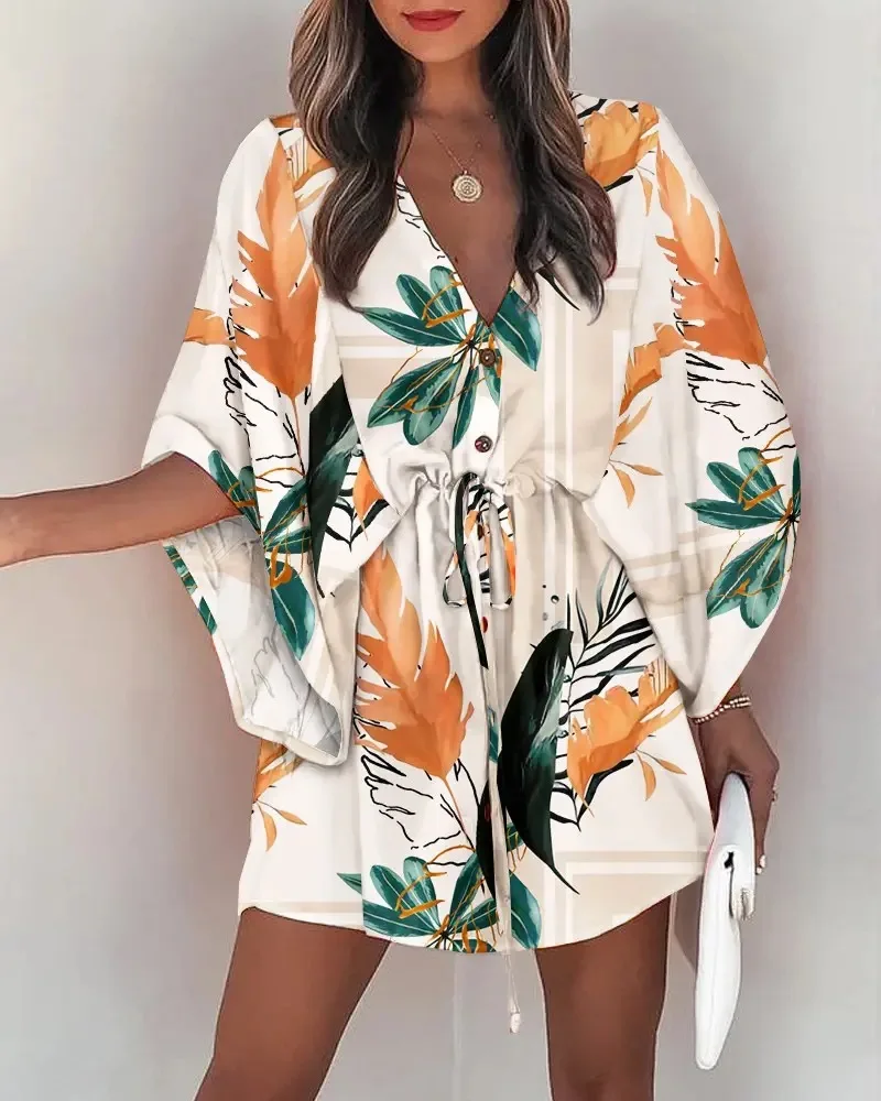 Summer Dress For Women 2026 New Floral Print Bat Half-Sleeve V-Neck Ruffle Irregular Hem Female Dress Casual Boho Women Clothes