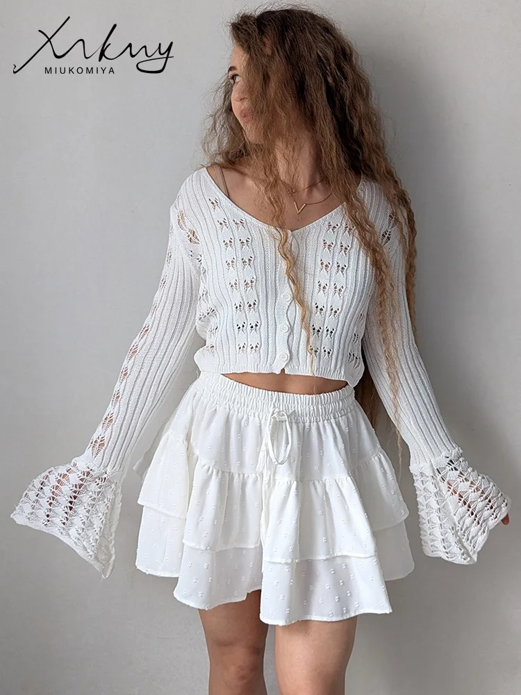 Summer Pink Thin Cardigan Women Knitted Crop Tops Long Sleeve Hollow Out Yellow Flare Sleeve Crochet Knitted Cardigans Ladies