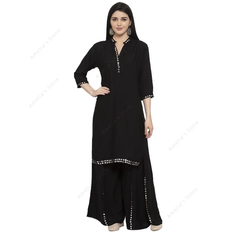 Indian Dress Women’s Black Mirror Work Kurta Sharara Set Elegant Ethnic Suit for Party Festive Wear Pakistani