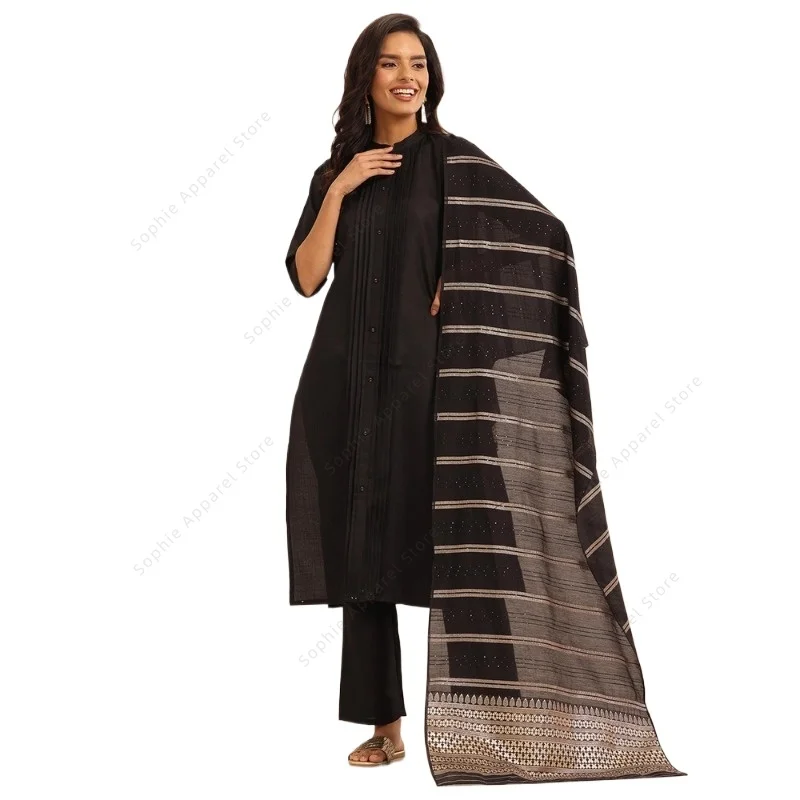 Traditional Women’s Black Pleated Kurta Set with Striped Dupatta Pants Elegant Ethnic Indian Suit Daily Festive Wear Pakistani