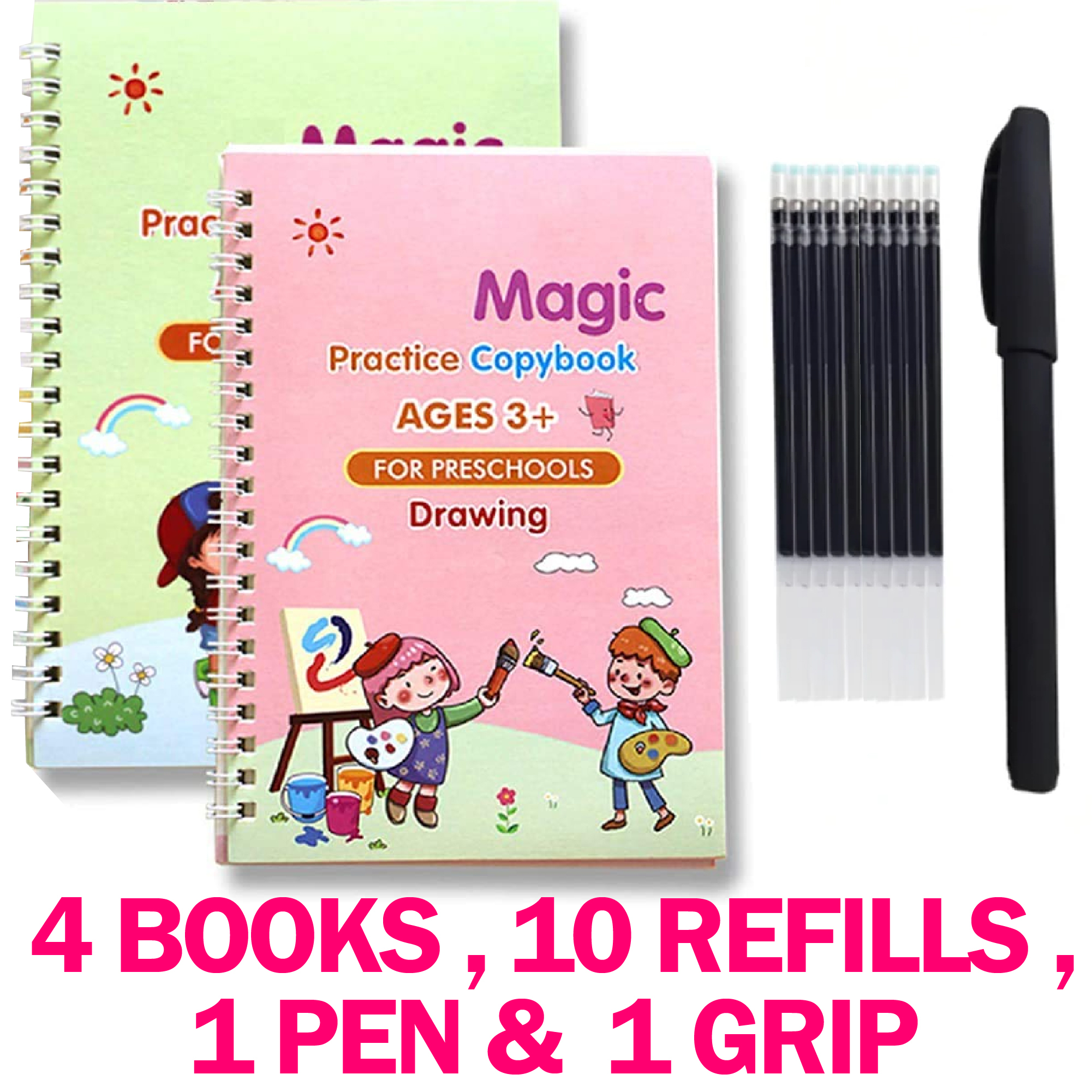 4 in 1 sank magic book | reusable magic practice copy book | 4 books + 1 pen + 10 refills +1 grip 4 in 1 sank magic book | reusable magic practice copy book | 4 books + 1 pen + 10 refills +1 grip