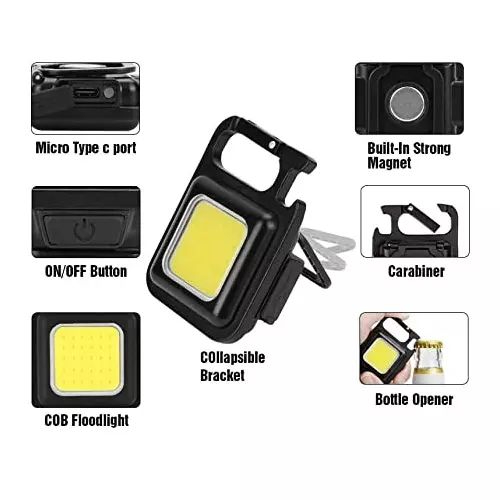 portable keychain light | 500 lumens mini cob led flashlight with foldable handle & usb rechargeable portable keychain light | 500 lumens mini cob led flashlight with foldable handle & usb rechargeable