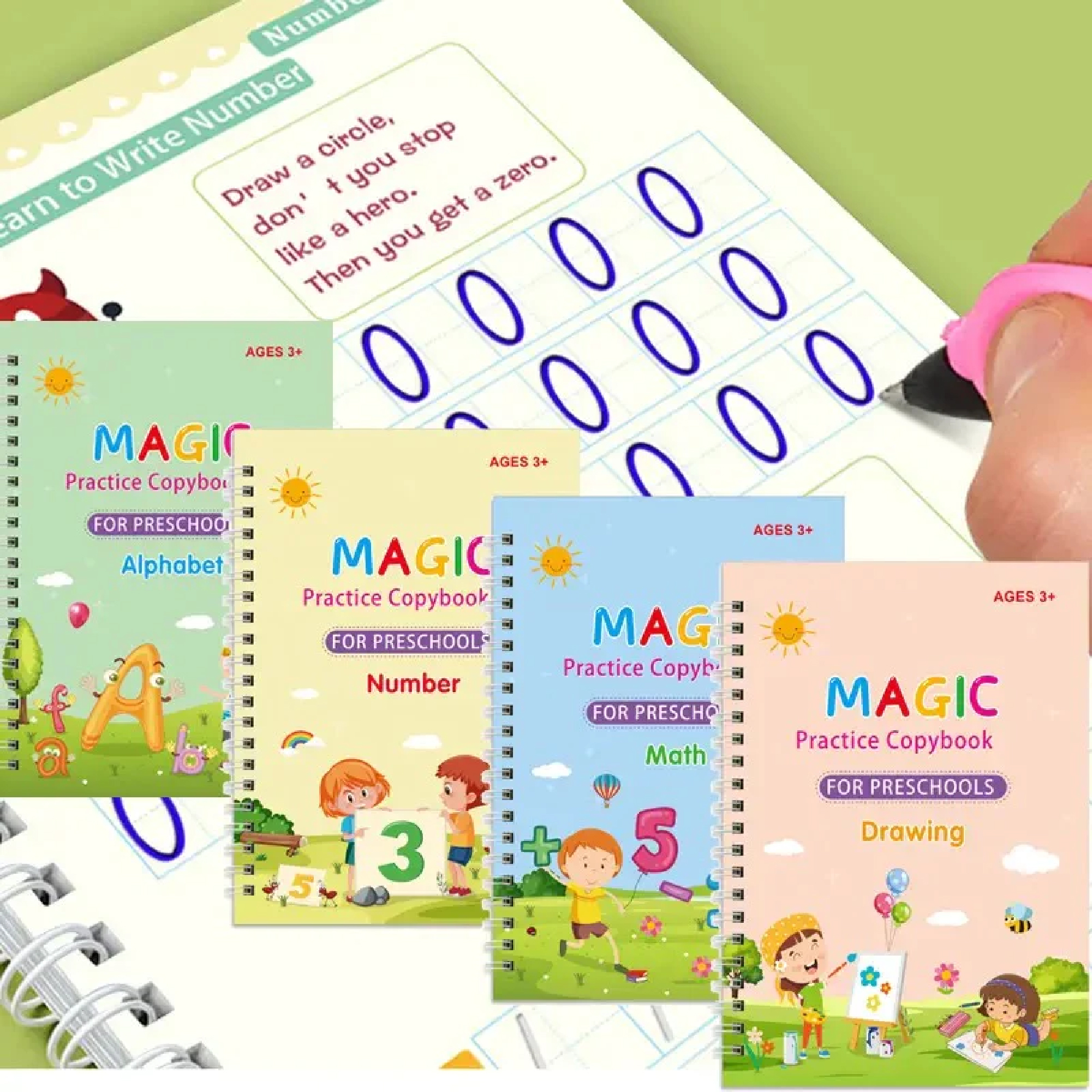 4 in 1 sank magic book | reusable magic practice copy book | 4 books + 1 pen + 10 refills +1 grip 4 in 1 sank magic book | reusable magic practice copy book | 4 books + 1 pen + 10 refills +1 grip