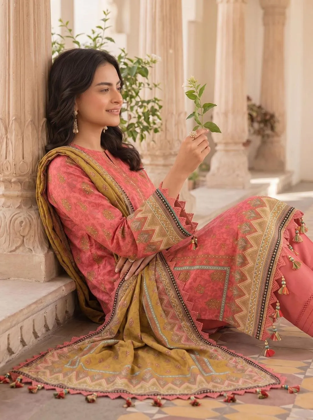 Orange Printed Lawn 3Pcs Women Suit Set