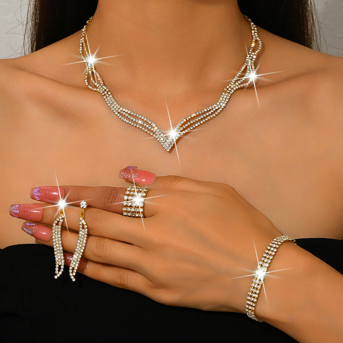 Premium Rhinestone 3-Piece Jewelry Set for Pakistani Women