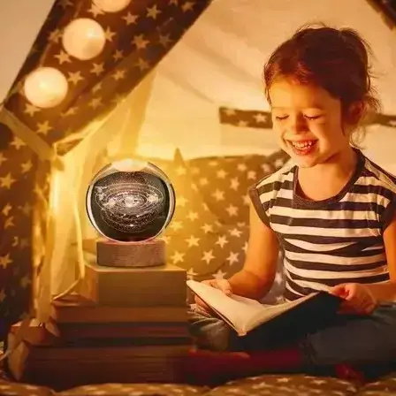 3D Galaxy Space Crystal Ball Night Light with Wooden LED Stand | USB Decorative Table Lamp | Random Designs
