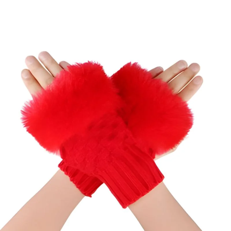 Luxury Women’s Faux Fur Fingerless Gloves – Soft Knitted Winter Wrist Warmers for Cozy Style | Red