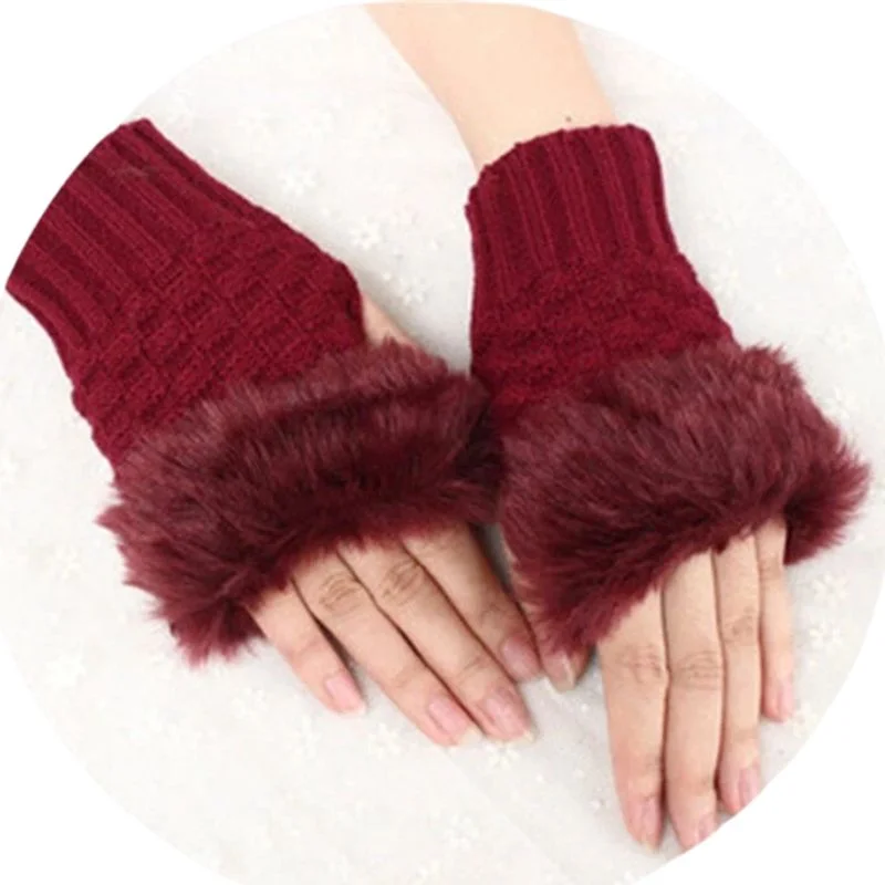Women’s Faux Fur Fingerless Winter Gloves – Soft Knitted Hand & Wrist Warmers | Maroon