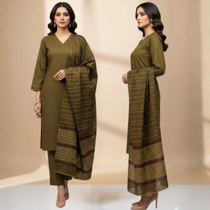 winter sussi silk 3 piece suit for women | unstitched plain shirt & trouser | heavy winter sussi shawl | olive green winter sussi silk 3 piece suit for women | unstitched plain shirt & trouser | heavy winter sussi shawl | olive green