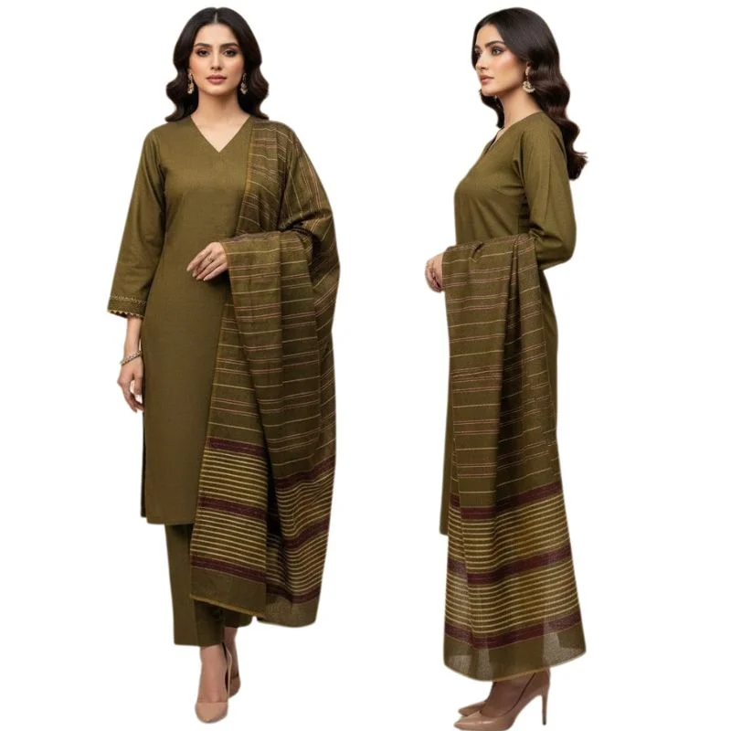 winter sussi silk 3 piece suit for women | unstitched plain shirt & trouser | heavy winter sussi shawl | olive green winter sussi silk 3 piece suit for women | unstitched plain shirt & trouser | heavy winter sussi shawl | olive green