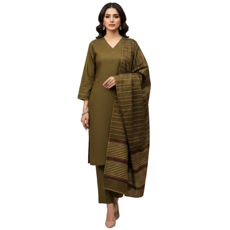 winter sussi silk 3 piece suit for women | unstitched plain shirt & trouser | heavy winter sussi shawl | olive green winter sussi silk 3 piece suit for women | unstitched plain shirt & trouser | heavy winter sussi shawl | olive green