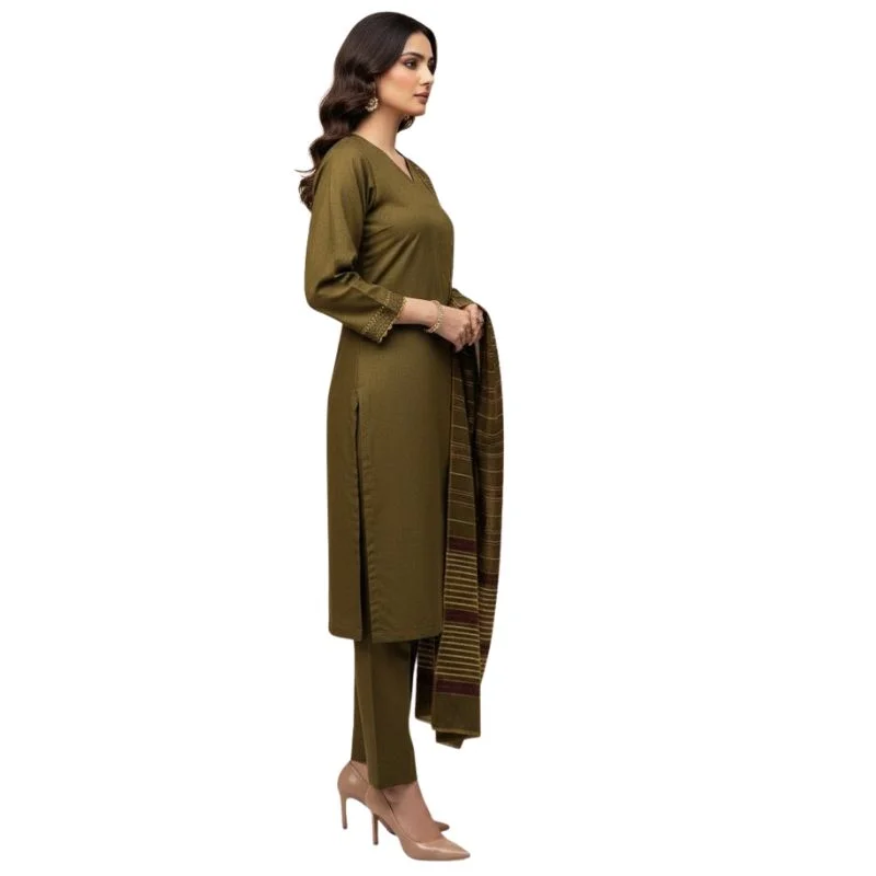 Women’s Winter Sussi Silk 3-Piece Suit – Unstitched Plain Shirt & Trouser with Heavy Shawl | Olive Green