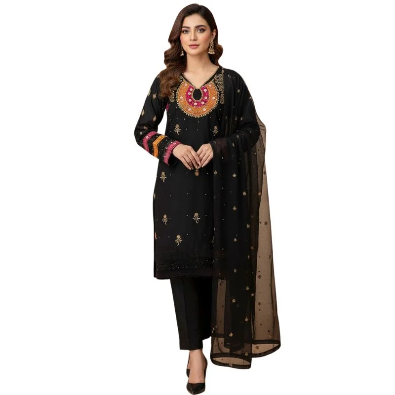 Luxury Organza 3-Piece Suit for Women – Unstitched Handmade Aari, Zari & Beads Work
