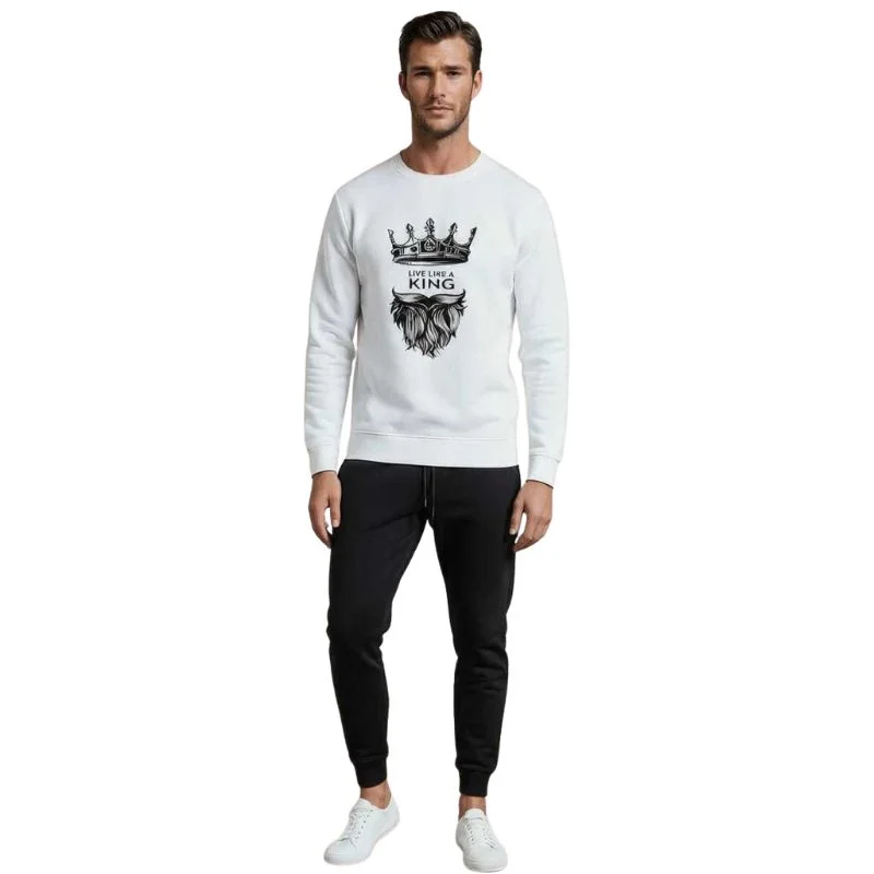 King Print White Tracksuit – Warm Winter Sweatshirt & Trouser Set (Medium)