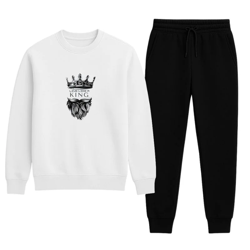 King Print White Tracksuit – Warm Winter Sweatshirt & Trouser Set (Large)