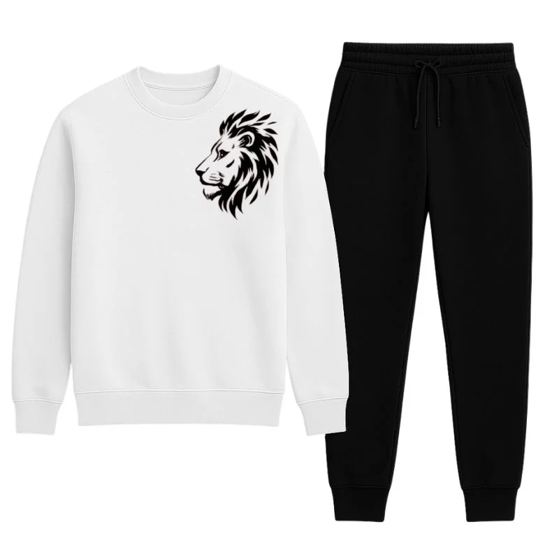 Lion Print White Tracksuit – Warm Winter Sweatshirt & Trouser Set (Large)