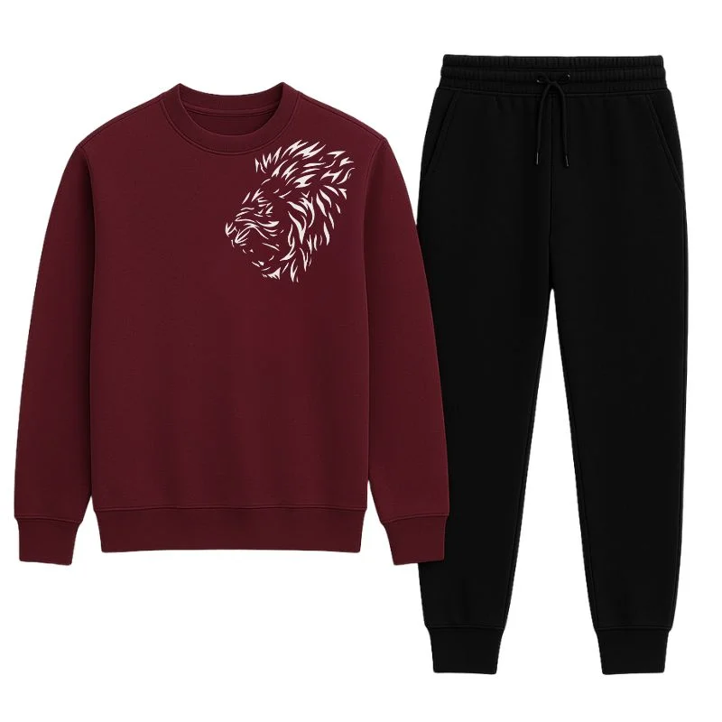 Lion Print Maroon Tracksuit – Warm Winter Sweatshirt & Trouser Set (XL)