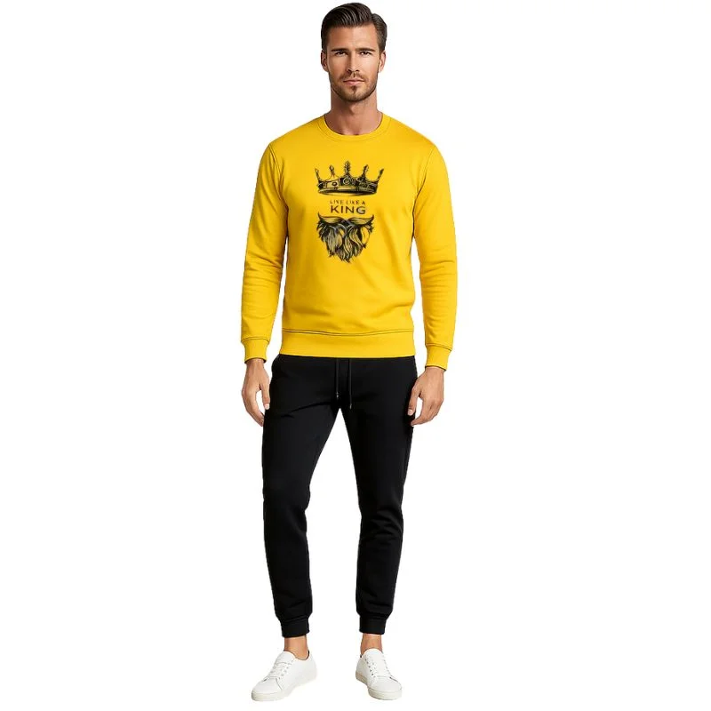 Men’s KING Printed Yellow Tracksuit Set – Warm Sweatshirt & Trouser Winter Outfit | XL Fit
