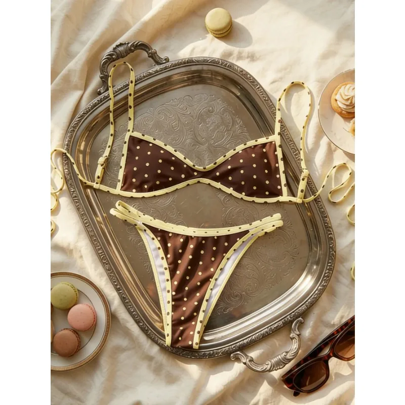 Sexy Vintage Polka Dot Bikini Set Women 2026 Summer Backless Hollow Out Thong Split Swimsuit Vacation Pool Fashion Bathing Suit