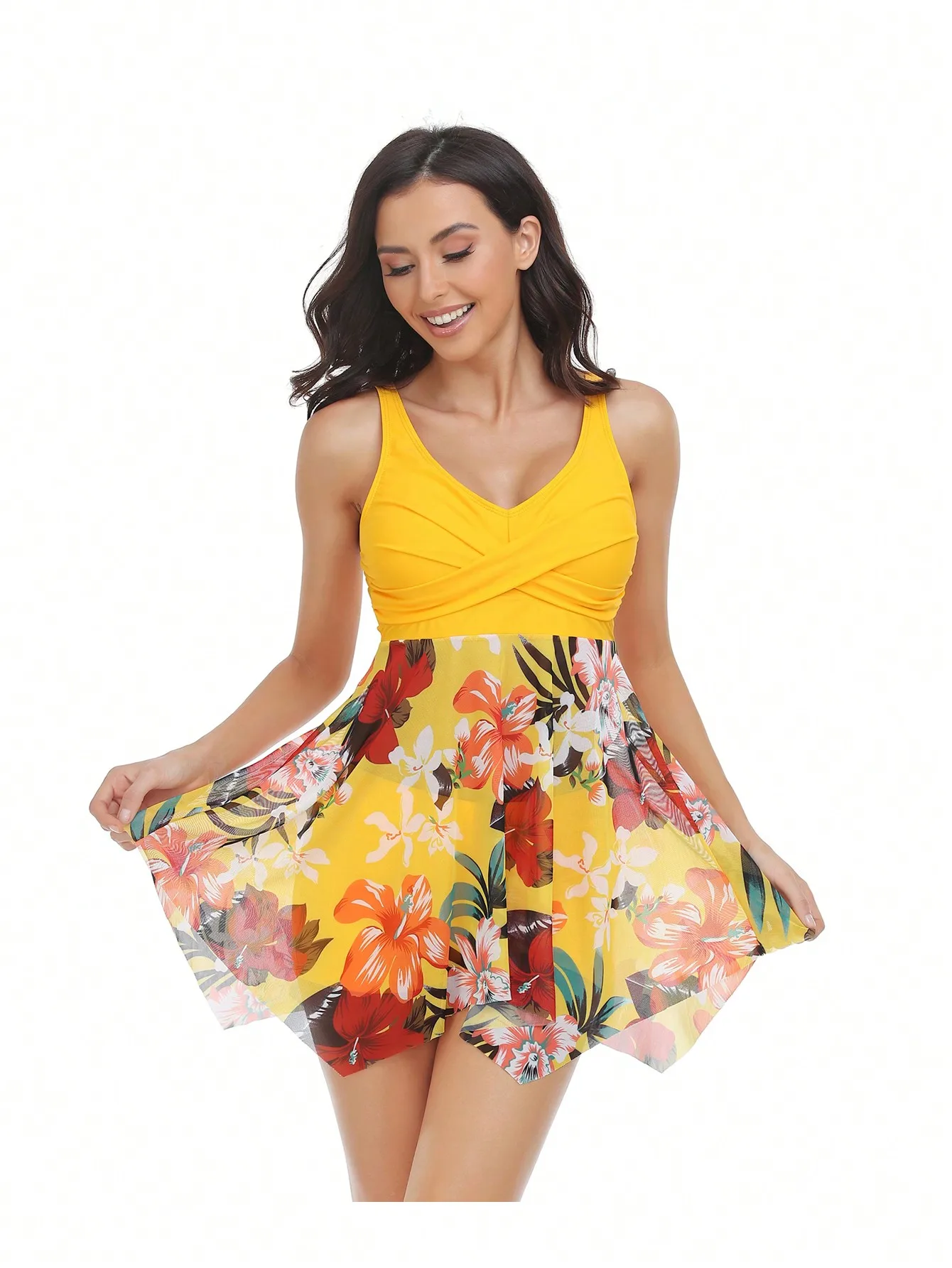 Digital printed swimsuit conservative tankini one-piece women’s swimsuit mesh skirt flat corner two-piece set beach vacation swi