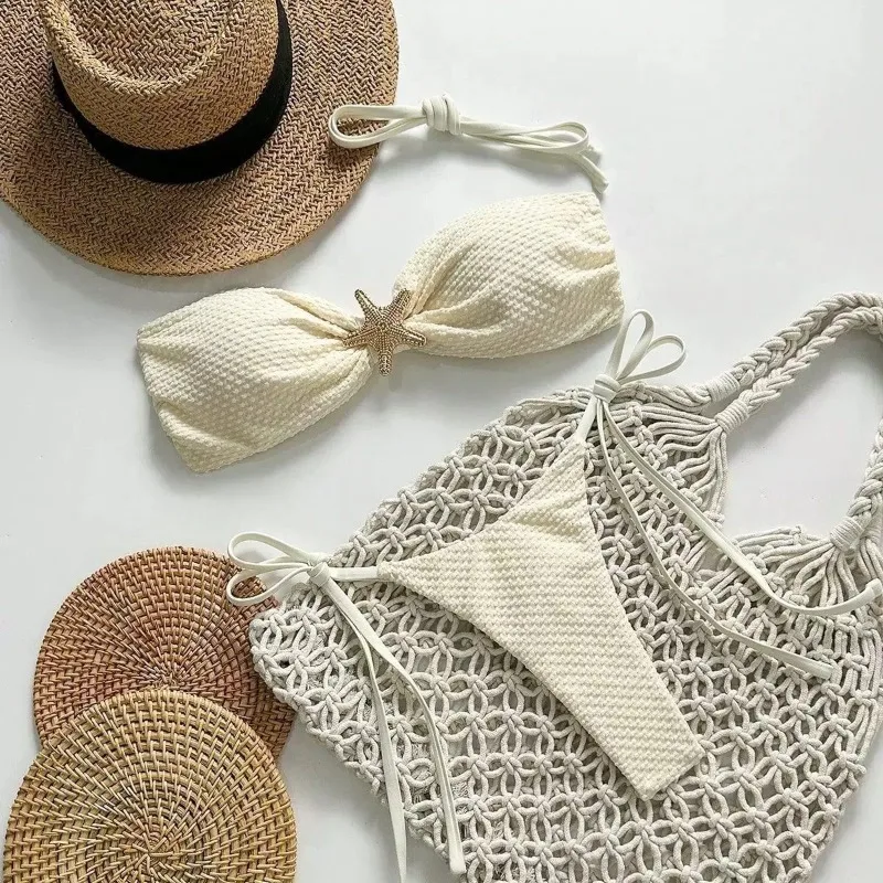 Swimsuit Solid Color Bikini European and American Sexy Lace Up Bikini Women’s Small Fresh Split Beach Style Pure Desire Swimsuit