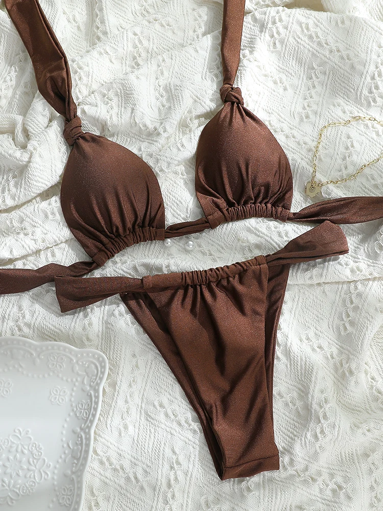Tiedown Bikini for Women Triangle Swimwear Bathing Suit Brazilian 2-Piece Folds Bikinis Set solid Push Up Swimsuit New 2026
