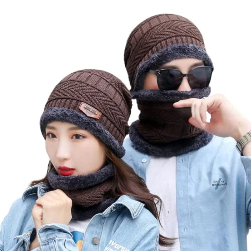 Winter Wool Cap with Neck Warmer Set | Thermal Beanie & Scarf Combo for Men and Women | Brown And Gray