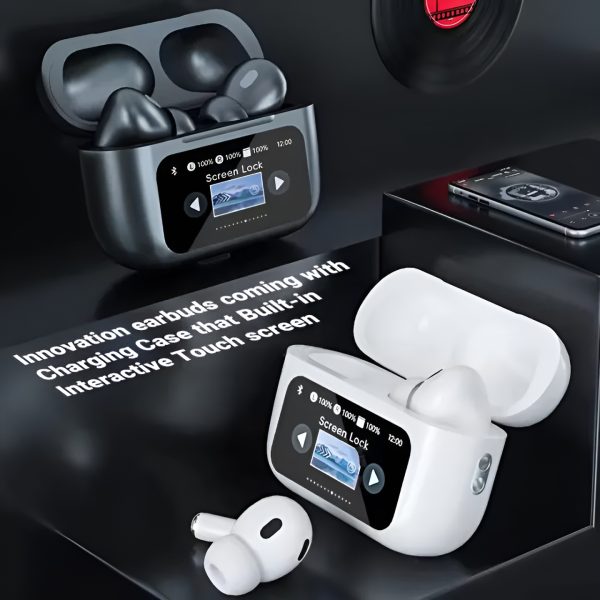 A9 Pro Bluetooth 5.4 Earbuds (White) – ANC & Smart Screen